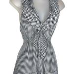 BCBGMAXAZRIA BCBG Sleeveless Halter V-Neck Ruffle Gingham Checkered Silk Top Black & White XS Photo 0