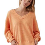American Eagle  AE Orange Oversized Knit V-Neck Sweater large fall cozy Photo 0