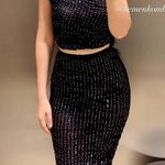 ZARA NWT black & silver rhinestone jeweled mesh ruched stretchy midi skirt Photo 2