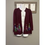 Quacker Factory  Women’s Red Cardigan Sequins Tree Embroidered Long Sleeves Large Photo 6