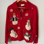 Jones New York Holiday 100% Lambswool Red Snowman Zip Up Sweater Size Women's S Photo 2