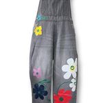 Miss Look  Faded Black Denim Overalls with Painted Flowers Size Large Photo 0