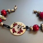 Painted Shell Bracelet Black Red Skulls Leather Silver Tone Goth Emo 7.5" NWOT Photo 0