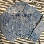 Free People Distressed Denim Jacket Light Wash Frayed Pockets Button Front Women Photo 0