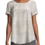 Eileen Fisher  Metaphor Print Almond Ballet 100% Silk Short Sleeve Blouse Photo 0