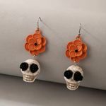 Skull Orange Flower Black Rose Eyes Drop Dangle Halloween Earrings‎ Faux Fashion Photo 5