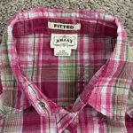 Ariat  Fitted Western Plaid Long Sleeve Snap Shirt Pink Green Metallic L Photo 4