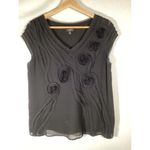 Talbots  Silk Black Flower Embellished Lined Cap Sleeve Blouse Womens 4 Shirt Photo 2