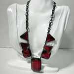 Geometric Statement Necklace Gunmetal Red‎ Gemstone Matinee 20 Inch Chunky Red Photo 0
