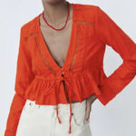 ZARA  Orange Lace Detaill Long Sleeve Cotton Top S Photo 0