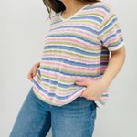 vtg cottagecore dainty scalloped pastel striped knit sweater ramie cotton top Pink Size XL Photo 6