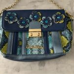 Carlos Falchi Crossbody Purse Flower Embellished Snakeskin Pattern Chain Strap Blue Photo 2