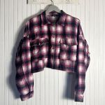 VICI  Purple Black Plaid Cropped Fringe Flannel Shacket Photo 2