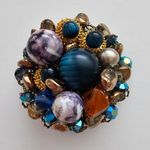 Large Blue Striped Brown Purple Faux Pearl Bead Gold Tone Metal Brooch Photo 0