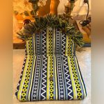 Mud Pie  Envelope Clutch Purse, Navy/White/Yellow, Tassel Fringe Trimmed, Woven Photo 2