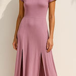 Hot Kiss NWT Mauve Off-Shoulder Cap Sleeve Maxi Double Slit Dress Size Small Photo 0