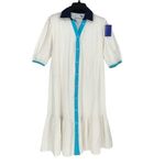 Addison Bay ISLE DRESS 100% Poplin Cotton White Blue Pipping Drop Waist Midi Sma Photo 1