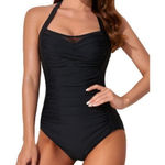 Women's Halter Black Swimsuit Sweetheart Ruched Mesh Vintage NWT Size XXL #6985 Photo 0