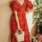 ZARA  Red Puff Sleeve Eyelet Embroidered Midi Ruffle Frill Dress Women’s Size‎ XS Photo 3