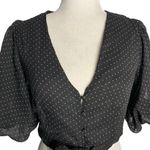 Peach Puff  Cropped Polka Dot Top S Black V Neck Buttons Tie Elastic Sleeve Photo 1
