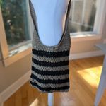 Vintage Boho Black and Taupe Tan Striped Crochet Woven Shoulder Crossbody Bag Photo 11