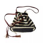 Nora Everyday Striped Drawstring 100% Paper Shoulder Bag Boho Beachy Summer Black Photo 1