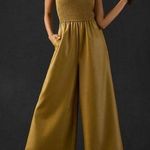 Anthropologie NWT Pilcro M Faux Leather Smocked Wide-Leg Jumpsuit in Khaki Photo 0