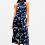 Banana Republic  Dress Halter Floral Satin Midi Navy Blue High Neck Ruffle 0P Photo 6