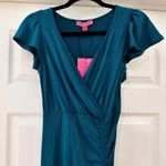 Betsey Johnson  Mini Rib Flutter Sleeve Midi with Ruched Slit sz XS Blue Saphire Photo 3