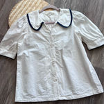 Simple‎ retro pinup style Peter Pan collared blouse white & blue Size XS Photo 0
