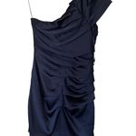 EXPRESS Blue Satin Dress size 10 Tiered One Shoulder Short Navy Ruffle Photo 2