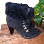 Via Spiga Leya Black Suede Leather Lace Up Heeled Ankle Boots Fur Cuff Size 7.5‎ Photo 2