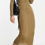 Topshop  Olive Green Exposed Seam Knit Long Sleeve Bodycon Midi Dress Size 2 Photo 0