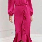NEW Satin Mock Neck Cocktail Midi Dress Wrap Ruched Ruffle M Size M Photo 3