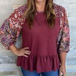 Umgee Women’s Waffle Knit Blouse Top Ruffle Mixed Media Print Multicolor Boho S Photo 0