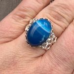 Handmade Blue Striped Glass Statement Ring Adjustable Stainless Steel Filigree Photo 8