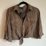 Dress Forum NWT  Olive Green Short Sleeve Front Tie Cropped Short Sleeve Top | S Photo 0