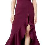 Eliza J  | Maroon Asymmetrical Ruffle Scuba Maxi Gown, Size 12 Photo 0