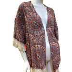 No Boundaries  Blue Peach Orange Fringe Paisley Boho Elephant Floral Jacket Photo 6