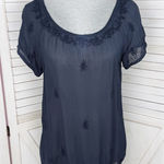 Lucky Brand Embroidered Sheer Chiffon Tee Shirt Navy Blue XS Photo 0