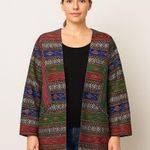 Villager Vintage Village Weaver Thai Silk Jacket Medium Boho Ikat Pattern Open Front Coat Photo 0