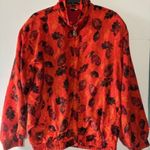 FUDA Jacket Womens L Orange Leaf Fall Bomber Zip Mock Neck 100% Silk Bright Bold Red Size L Photo 0