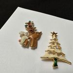 Lot Of 2 Christmas Holiday Brooch Pins Christmas Tree / Reindeer With Rabbit Gold Photo 6