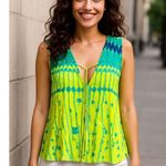 Blu Pepper CCC Electric Lime Green Print Tank Tie Front Abstract Boho Blouse Summer Top Photo 1