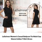 LaSuiveur Women’s Casual Bodycon Tie Waist Cap Sleeve Cotton T Shirt Dress Photo 1