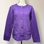 Coldwater Creek Purple 100% Wool Embroidered Button Front Floral Cardigan VTG M Photo 0