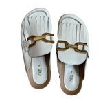 ZARA Womens Beige Cream leather mules sandals with tassels & gold chain Sz 38 Photo 2