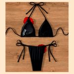 NWT Floral Appliques Halter Triangle‎ Tie Side Thong Bikini Photo 1