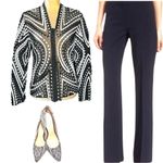 Peck & Peck awesome semi sheer black zip front jacket with white abstract design Photo 1