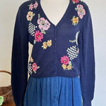Vintage Floral hand Embroidered Knit Sweater Navy‎ V Photo 0